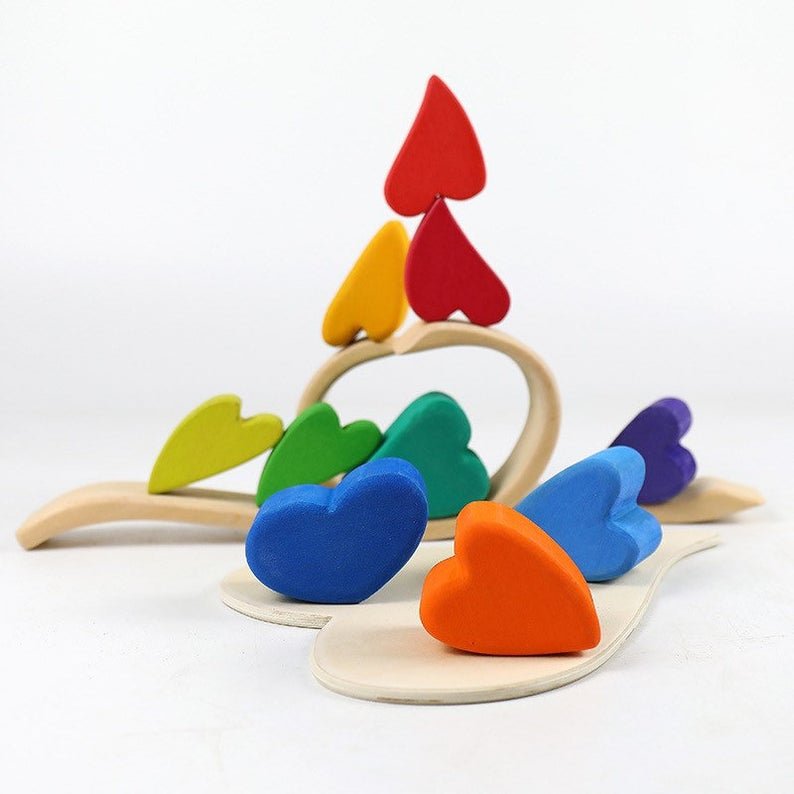 10 Pcs STAINED Rainbow Heart - shaped Wooden Stacking Puzzle Blocks - The Nurturing Nook