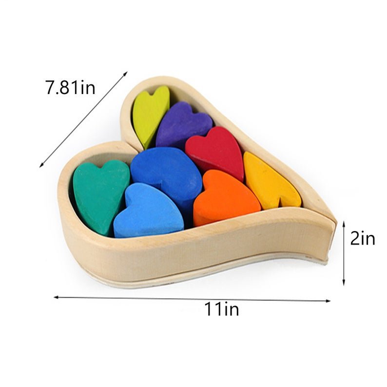 10 Pcs STAINED Rainbow Heart - shaped Wooden Stacking Puzzle Blocks - The Nurturing Nook