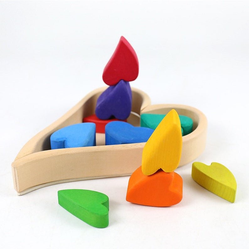 10 Pcs STAINED Rainbow Heart - shaped Wooden Stacking Puzzle Blocks - The Nurturing Nook