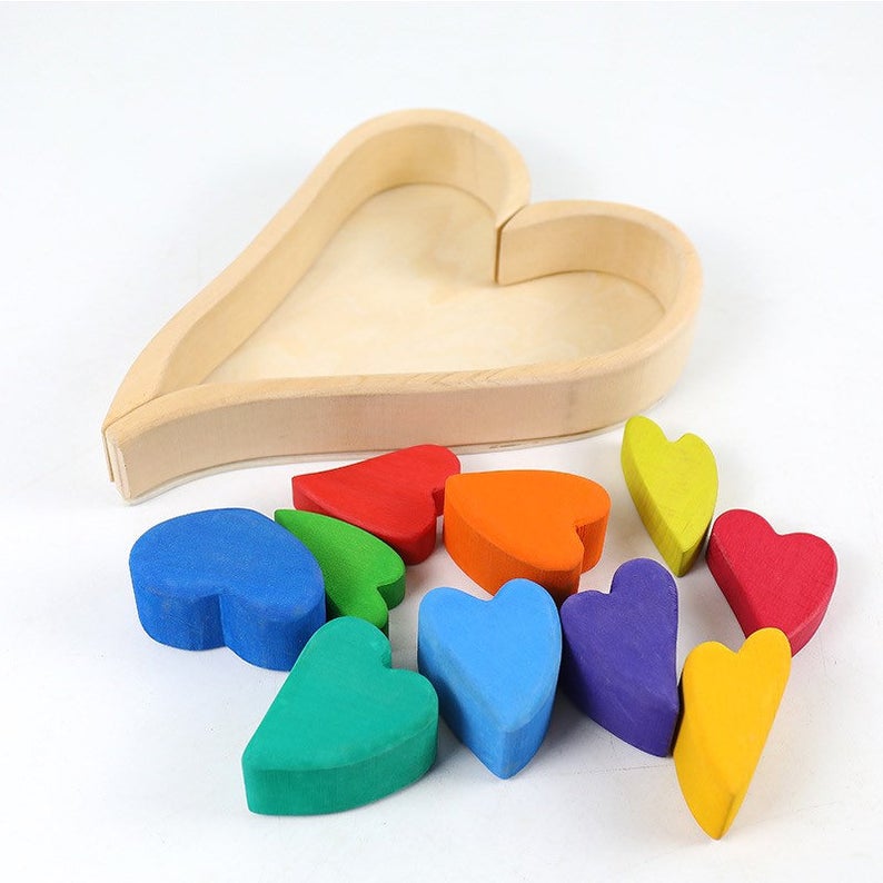 10 Pcs STAINED Rainbow Heart - shaped Wooden Stacking Puzzle Blocks - The Nurturing Nook