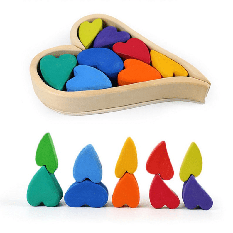 10 Pcs STAINED Rainbow Heart - shaped Wooden Stacking Puzzle Blocks - The Nurturing Nook