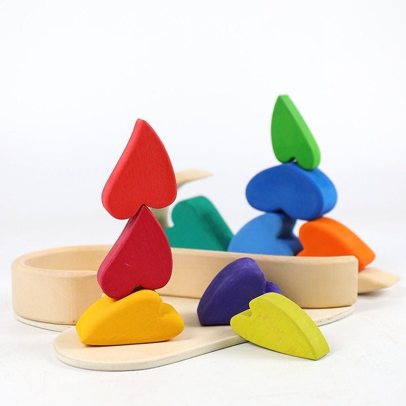 10 Pcs STAINED Rainbow Heart - shaped Wooden Stacking Puzzle Blocks - The Nurturing Nook