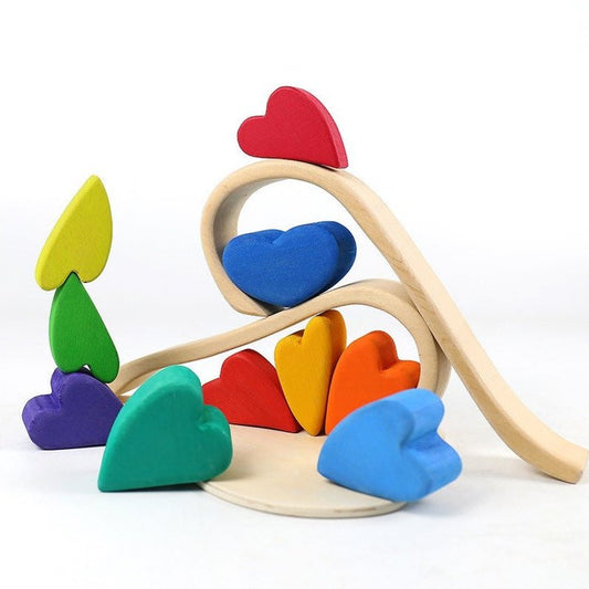 10 Pcs STAINED Rainbow Heart - shaped Wooden Stacking Puzzle Blocks - The Nurturing Nook