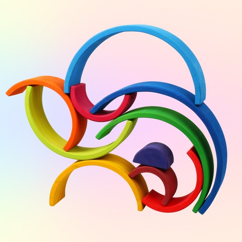 10 Pcs STAINED Wooden Rainbow Stacking Puzzle Blocks in Sunset Color - The Nurturing Nook