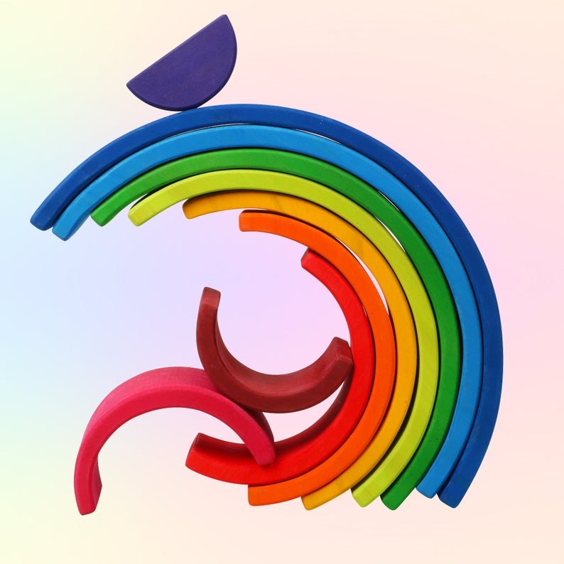 10 Pcs STAINED Wooden Rainbow Stacking Puzzle Blocks in Sunset Color - The Nurturing Nook