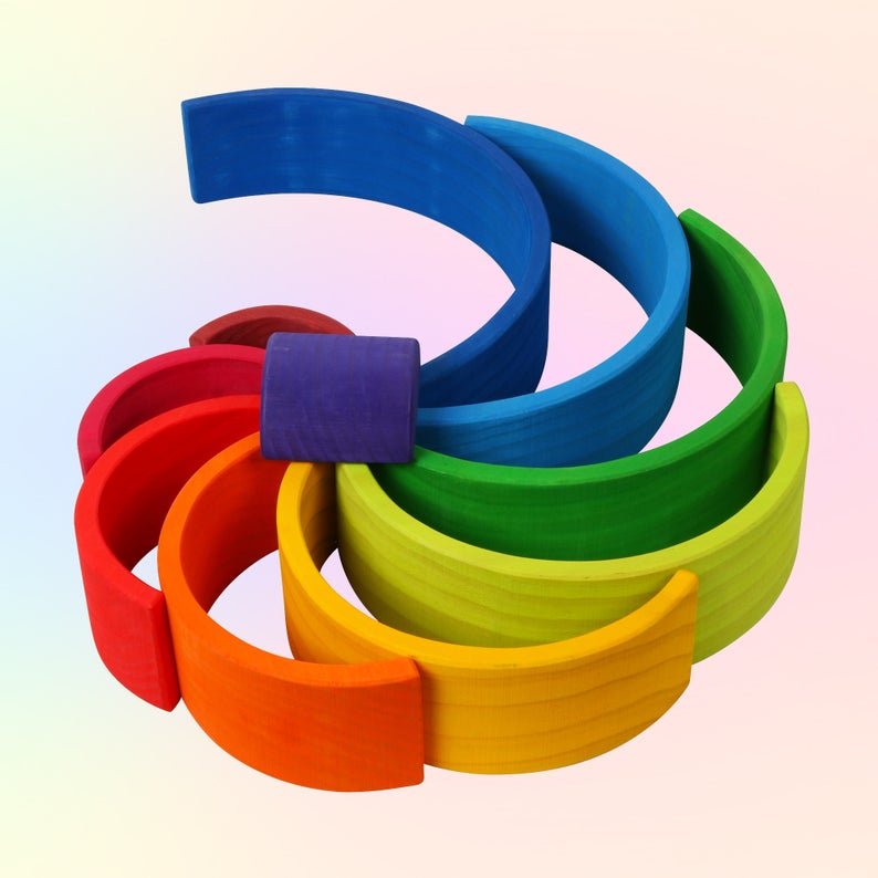 10 Pcs STAINED Wooden Rainbow Stacking Puzzle Blocks in Sunset Color - The Nurturing Nook