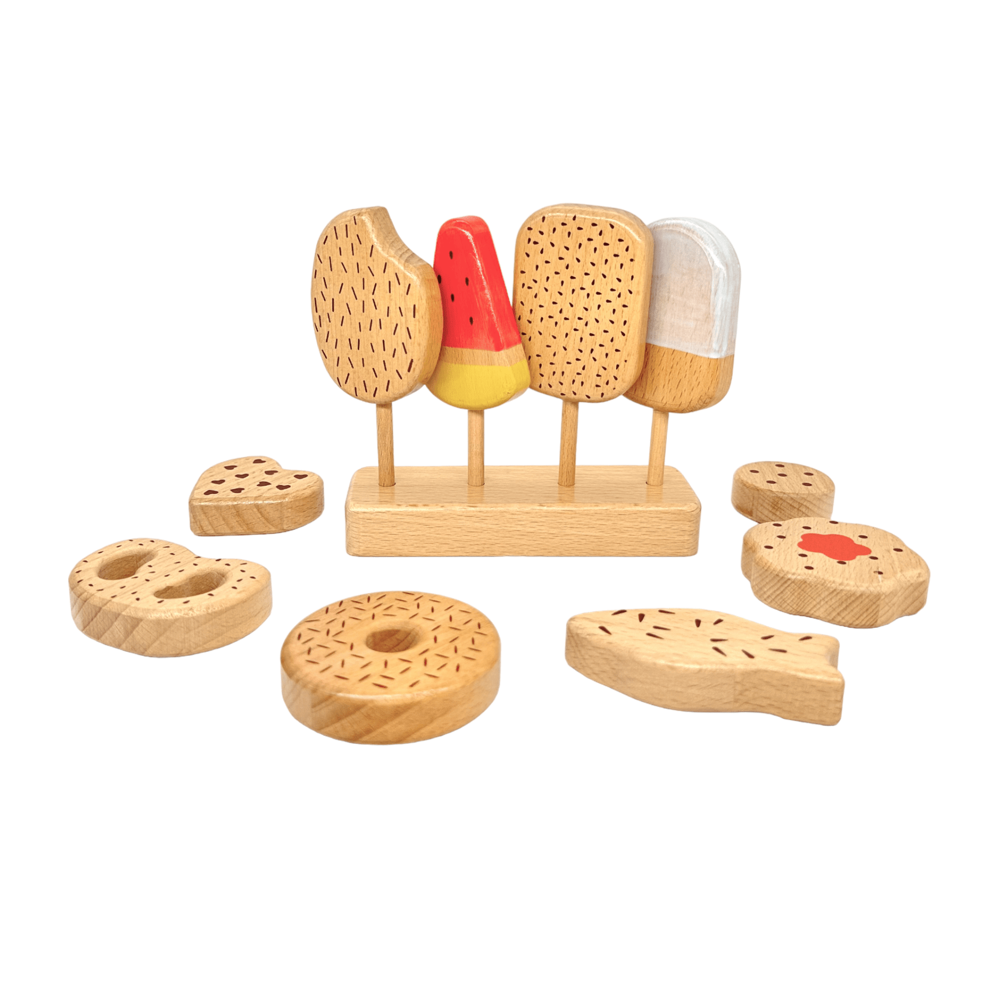 10 Pcs Wooden Popsicle Ice Cream Bar and Pastry Cookies Pretend Play Set - The Nurturing Nook
