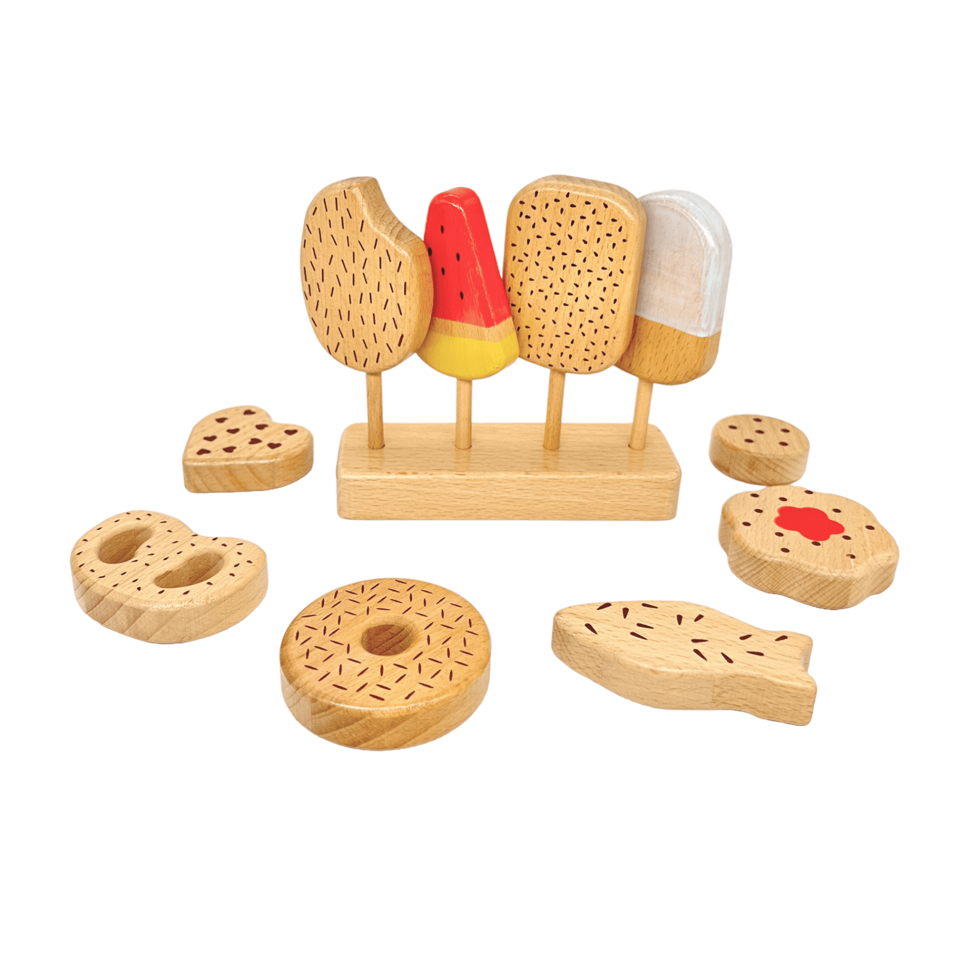 10 Pcs Wooden Popsicle Ice Cream Bar and Pastry Cookies Pretend Play Set - The Nurturing Nook