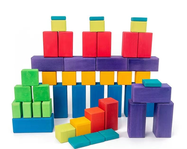 100 Pcs STAINED Large Stepped Counting Wooden Stacking Building Blocks - The Nurturing Nook