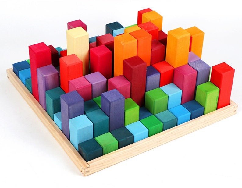 100 Pcs STAINED Large Stepped Pyramid Wooden Stacking Building Blocks - The Nurturing Nook