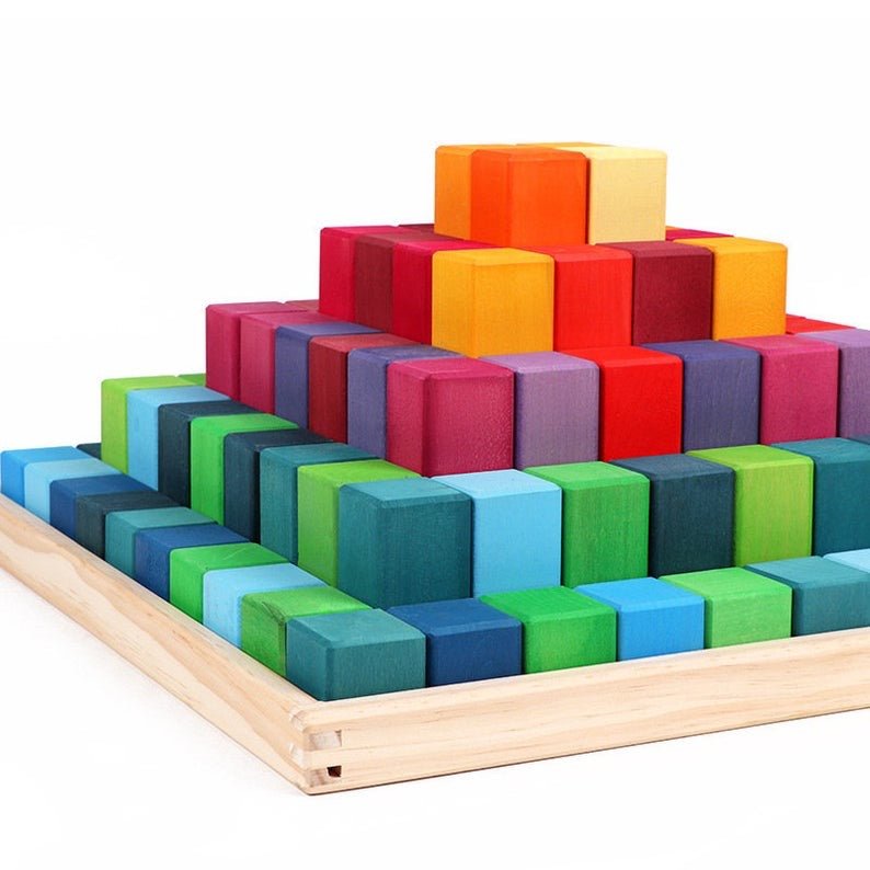 100 Pcs STAINED Large Stepped Pyramid Wooden Stacking Building Blocks - The Nurturing Nook