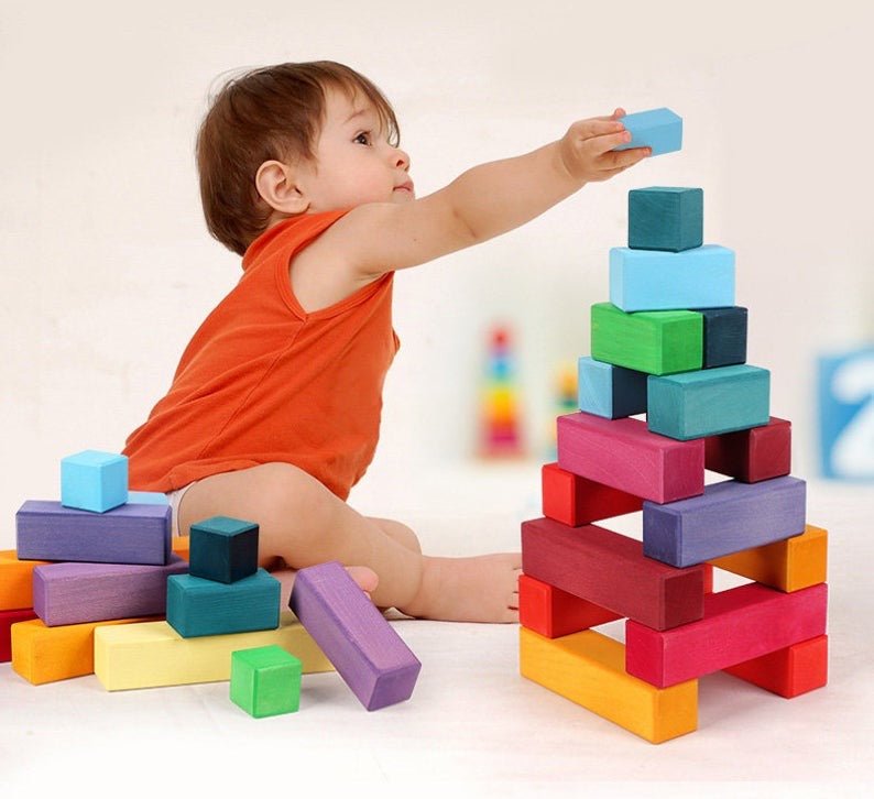 100 Pcs STAINED Large Stepped Pyramid Wooden Stacking Building Blocks - The Nurturing Nook