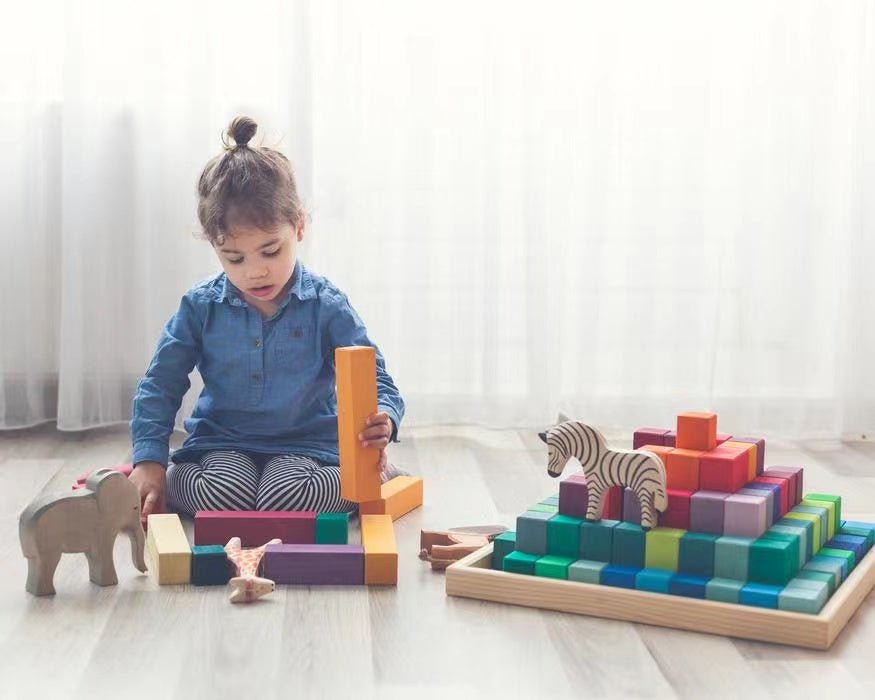 100 Pcs STAINED Large Stepped Pyramid Wooden Stacking Building Blocks - The Nurturing Nook