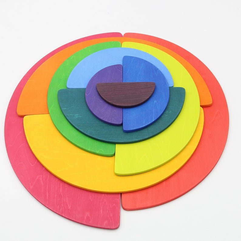 11 Pcs Large Wooden Rainbow Stacking Semi - circles Building Boards Set in Primary Colors - The Nurturing Nook