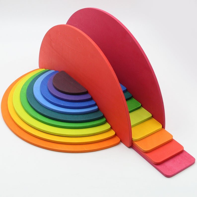 11 Pcs Large Wooden Rainbow Stacking Semi - circles Building Boards Set in Primary Colors - The Nurturing Nook