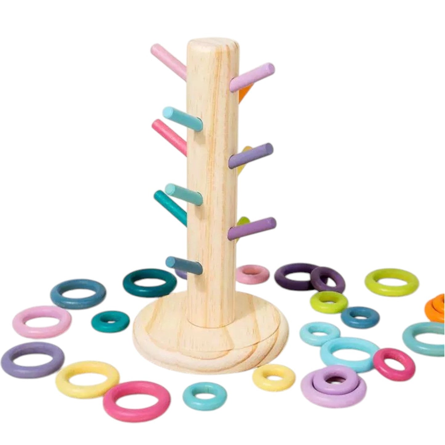 12 Dowels Sorting Helper Tree with 24 Building Rings Set (rainbow & pastel) - The Nurturing Nook
