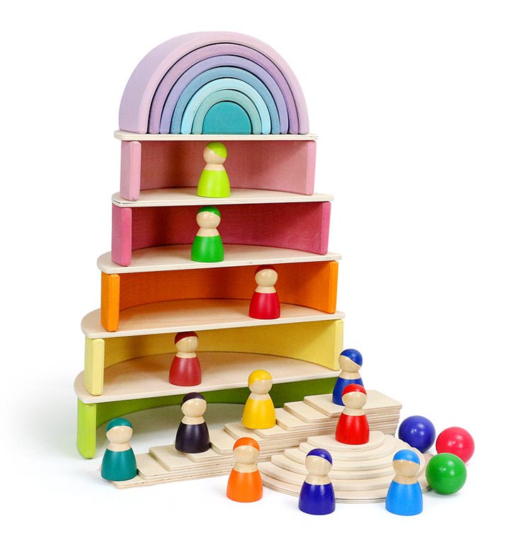 12 Pcs Large Wooden Rainbow Stacking Blocks in Pastel/Macaron Colors - The Nurturing Nook