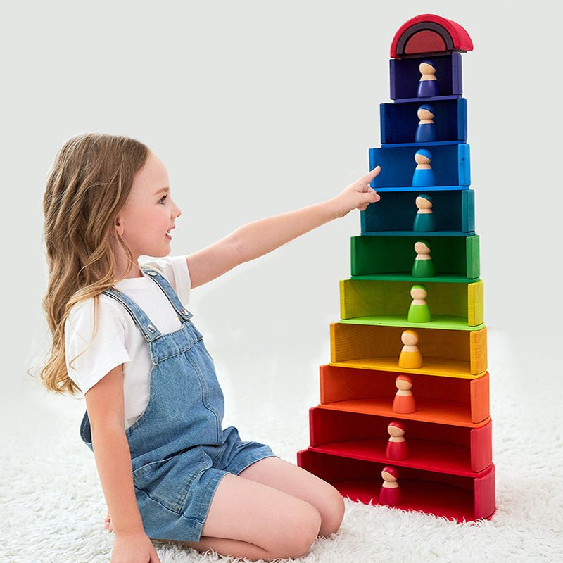 12 Pcs Large Wooden Rainbow Stacking Blocks in Primary Colors - The Nurturing Nook