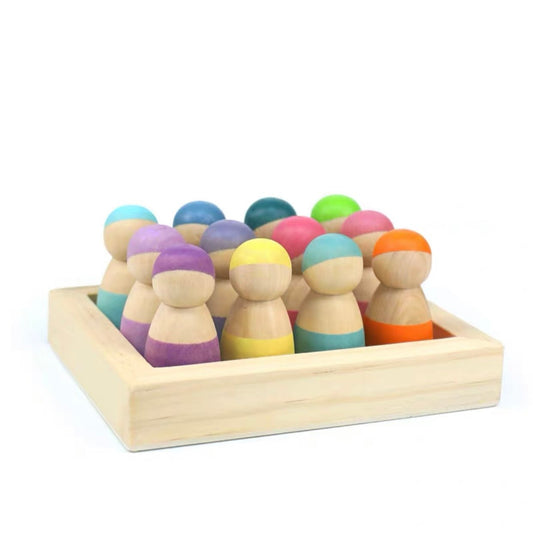12 Pcs Little Peg Doll People in Tray in Pastel Colors - The Nurturing Nook