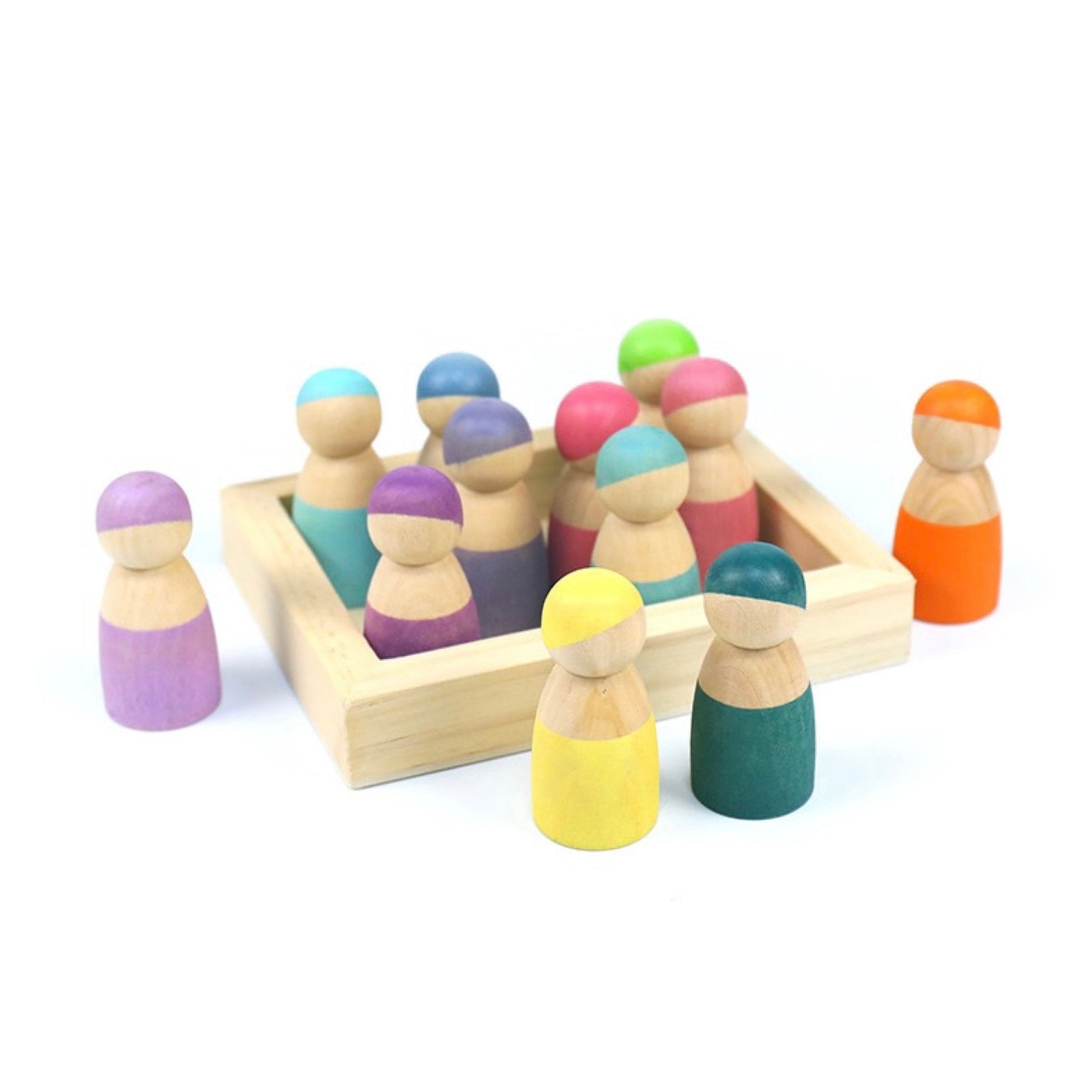 12 Pcs Little Peg Doll People in Tray in Pastel Colors - The Nurturing Nook
