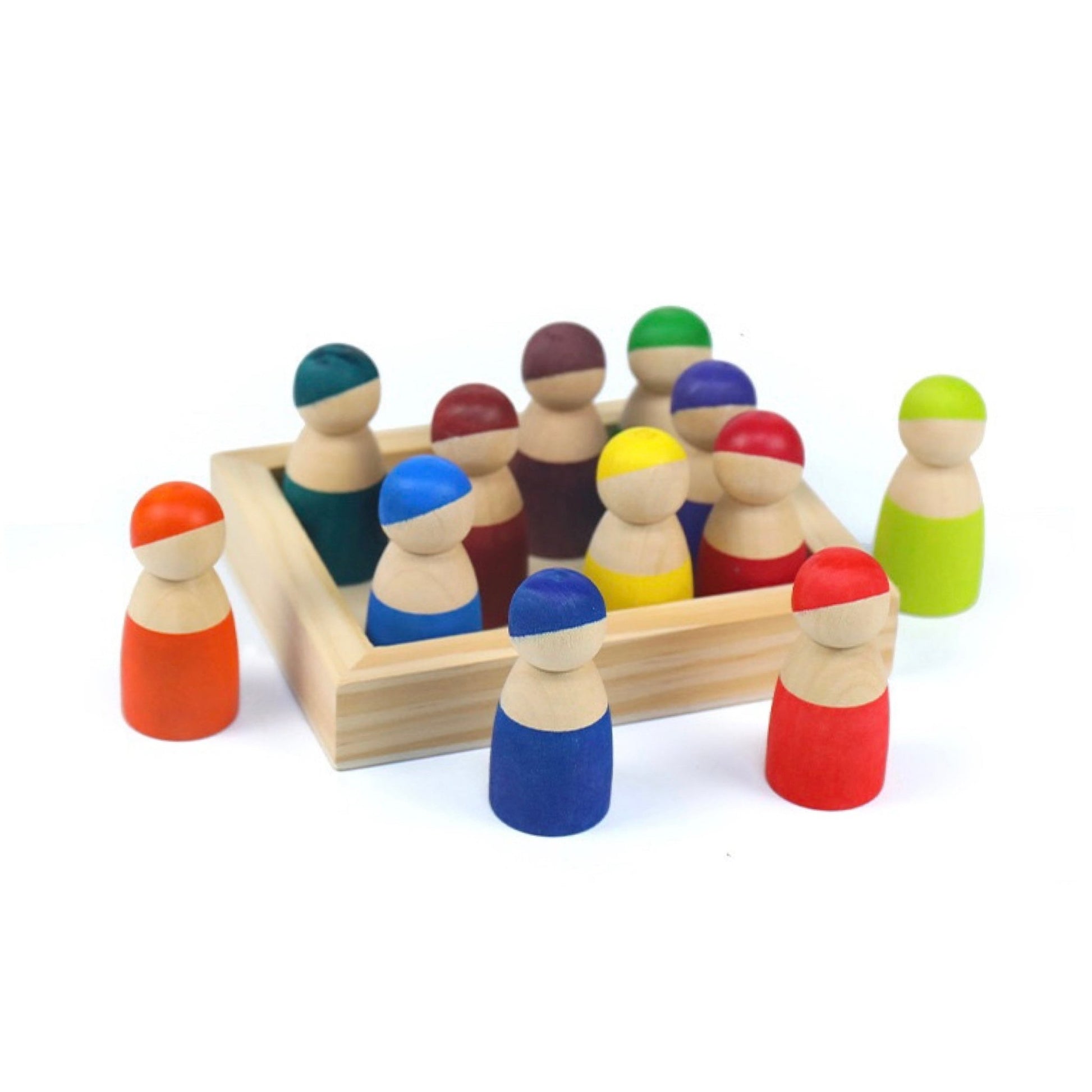 12 Pcs Little Peg Doll People in Tray in Primary Colors - The Nurturing Nook