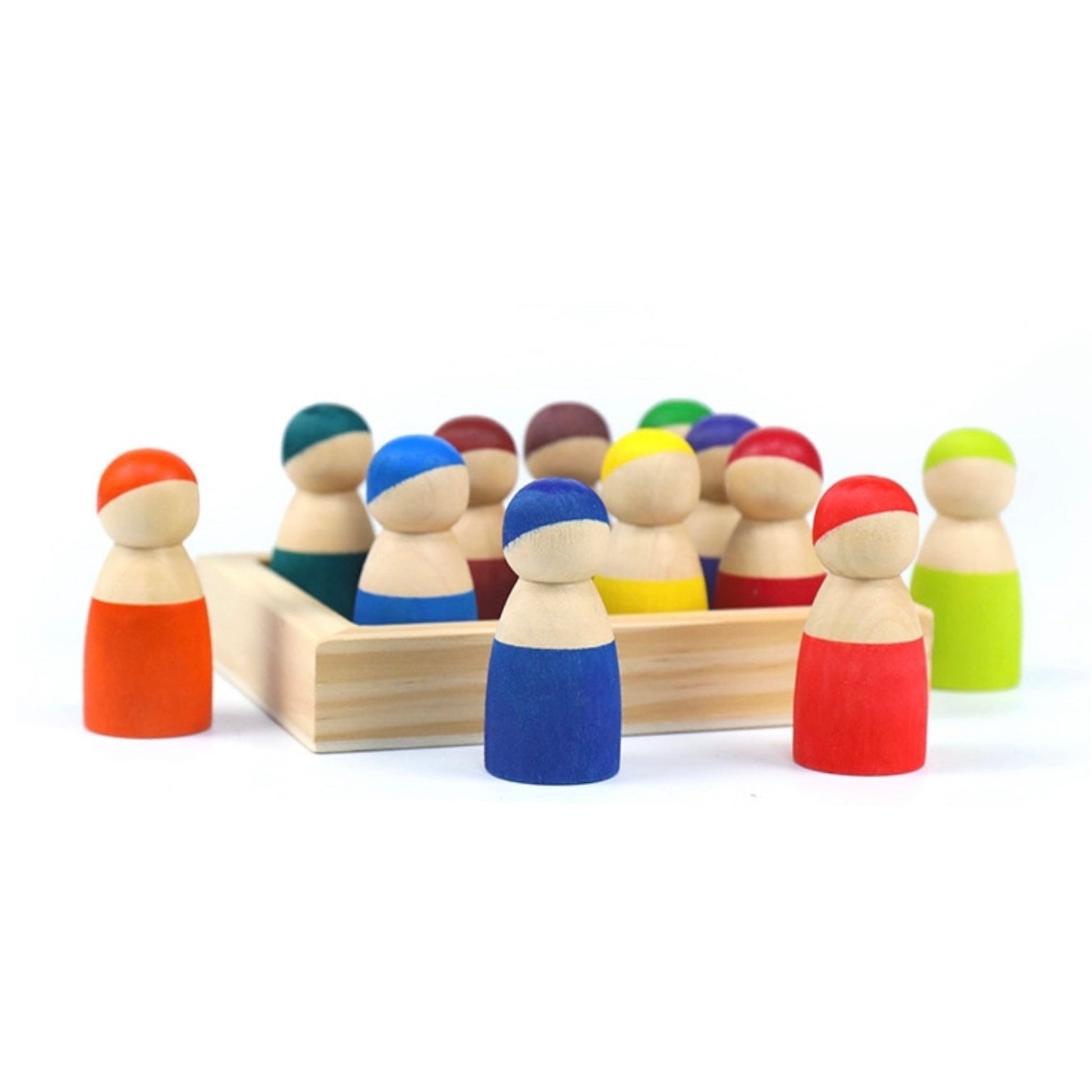 12 Pcs Little Peg Doll People in Tray in Primary Colors - The Nurturing Nook