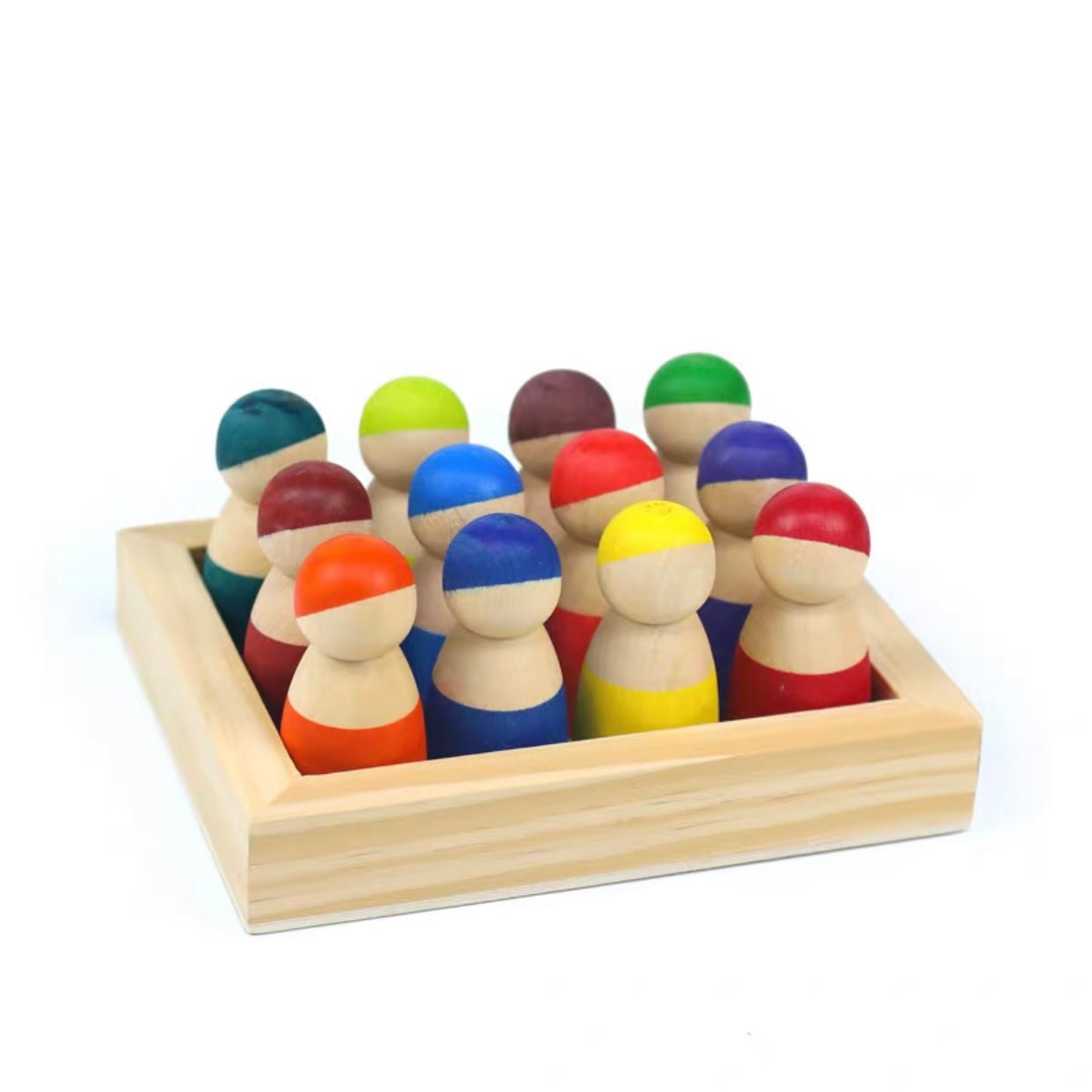 12 Pcs Little Peg Doll People in Tray in Primary Colors - The Nurturing Nook