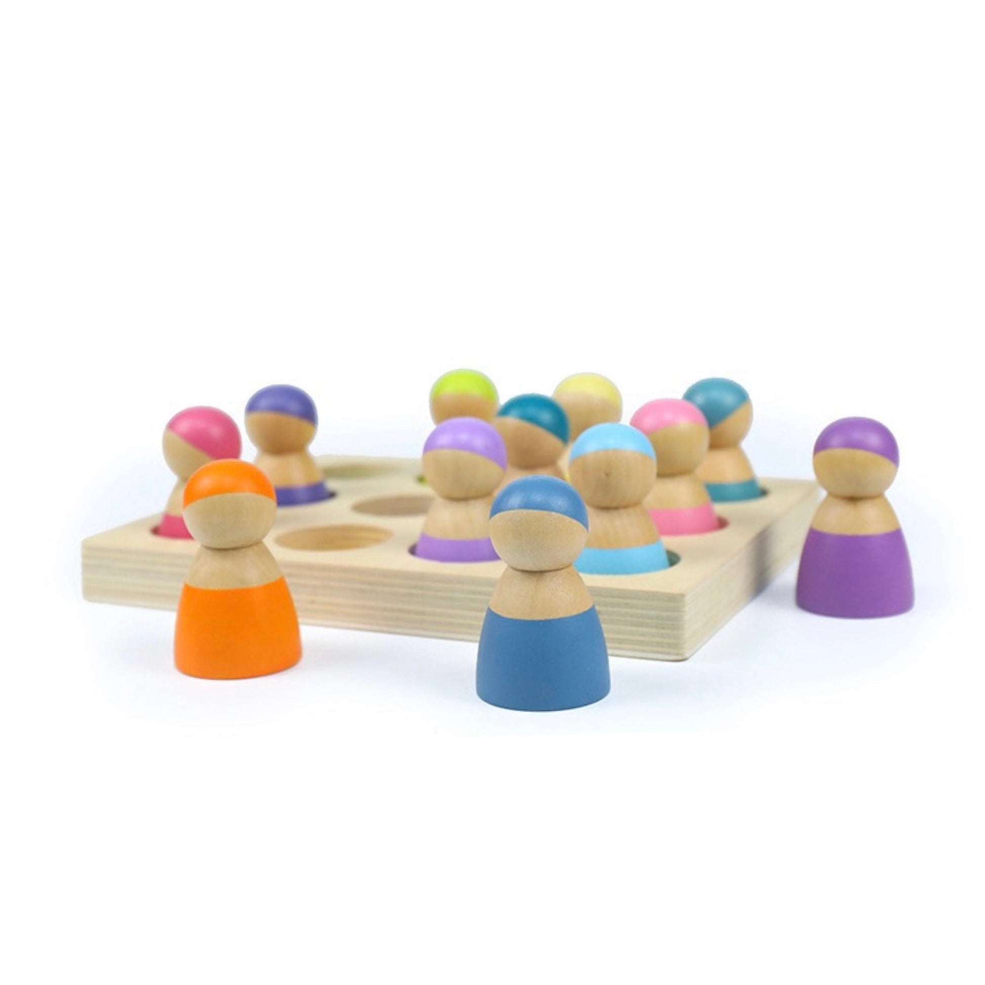 12 Pcs Rainbow Peg Doll People with Tray in Pastel/Macaron Colors - The Nurturing Nook