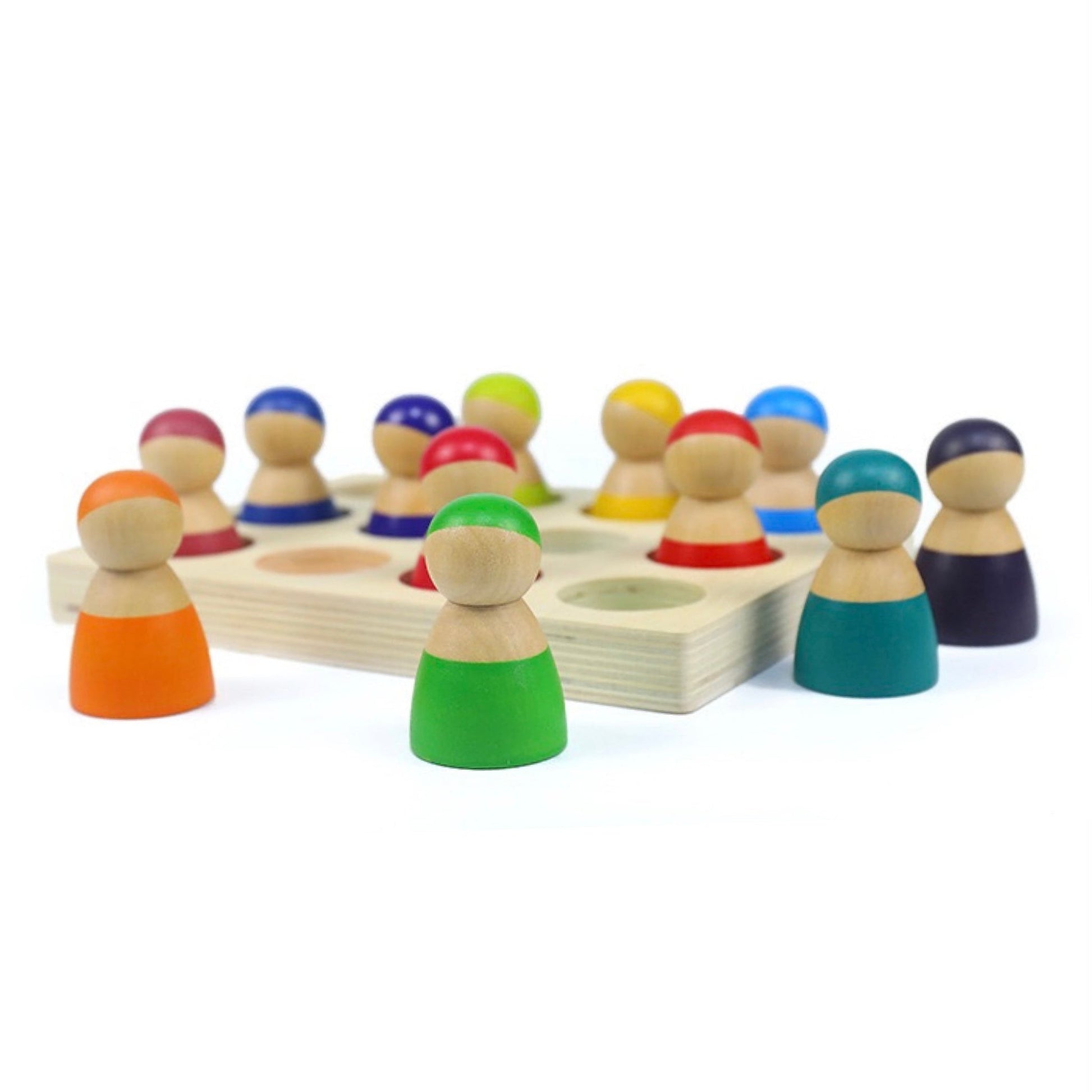 12 Pcs Rainbow Peg Doll People with Tray in Primary Colors - The Nurturing Nook