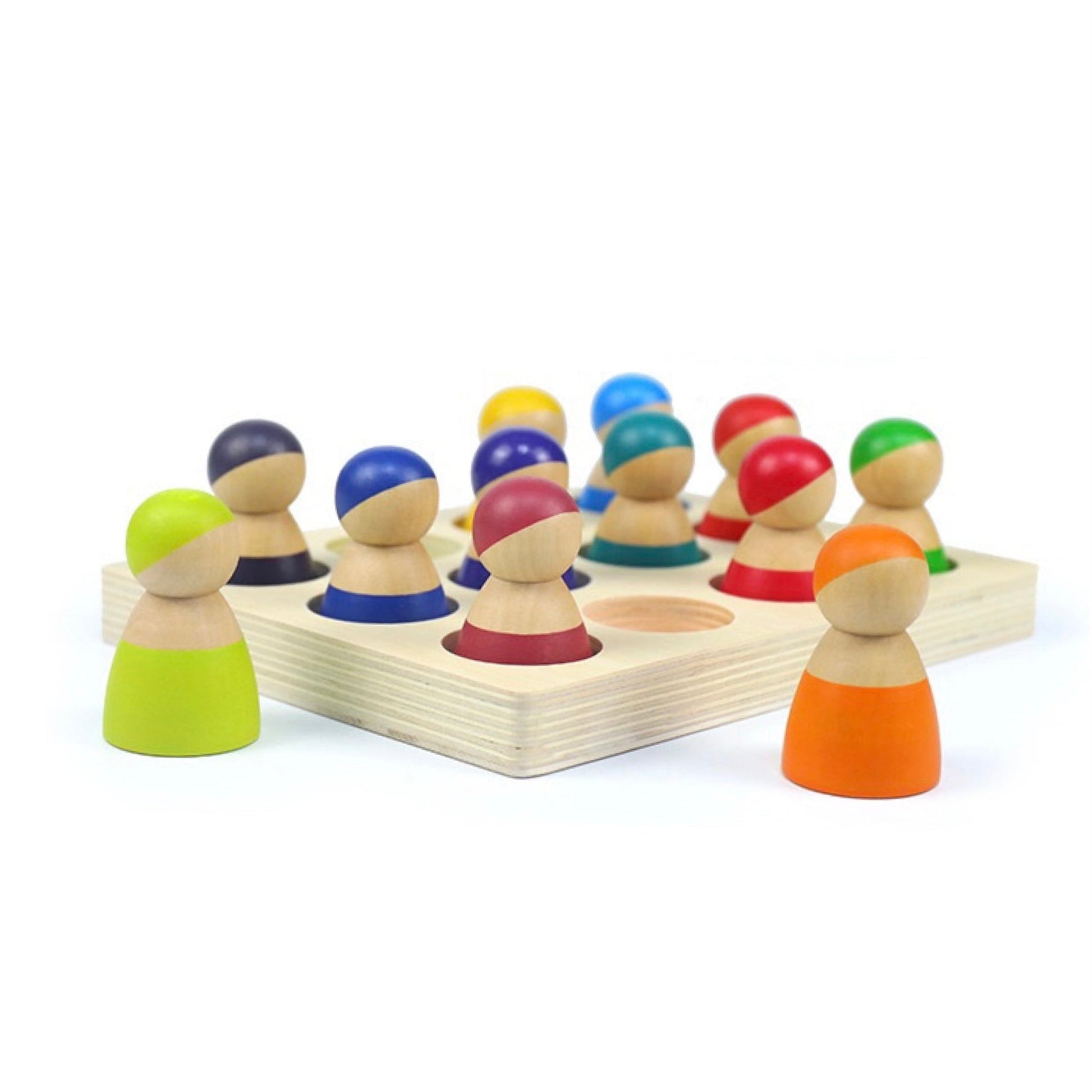 12 Pcs Rainbow Peg Doll People with Tray in Primary Colors - The Nurturing Nook
