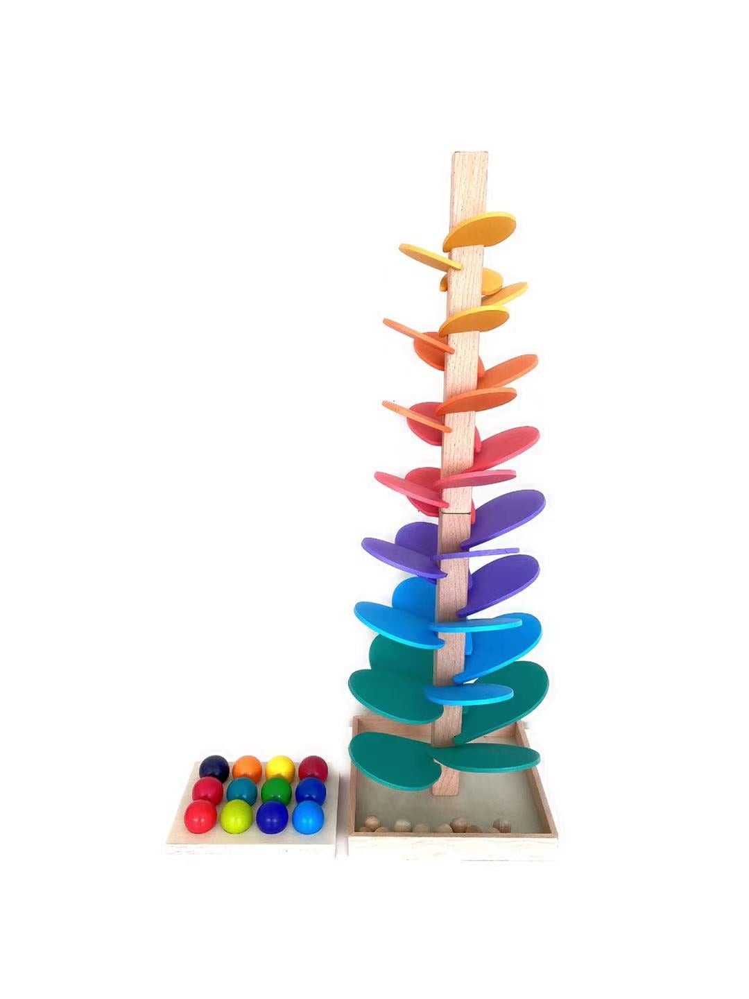 12 Pcs Rainbow Wooden Balls with Tray in Primary Colors Diameter 1.4 Inches - The Nurturing Nook