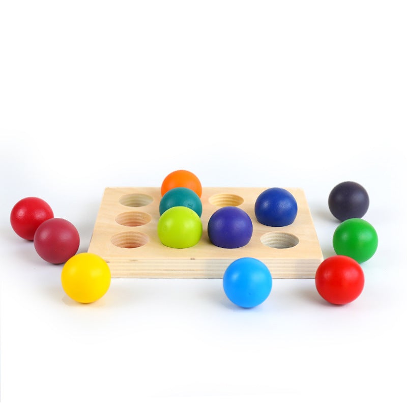 12 Pcs Rainbow Wooden Balls with Tray in Primary Colors Diameter 1.4 Inches - The Nurturing Nook