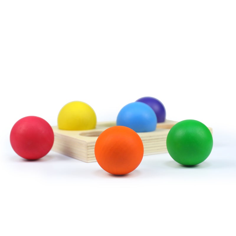12 Pcs Rainbow Wooden Balls with Tray in Primary Colors Diameter 1.4 Inches - The Nurturing Nook