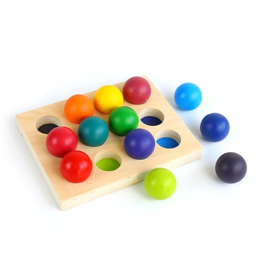 12 Pcs Rainbow Wooden Balls with Tray in Primary Colors Diameter 1.4 Inches - The Nurturing Nook