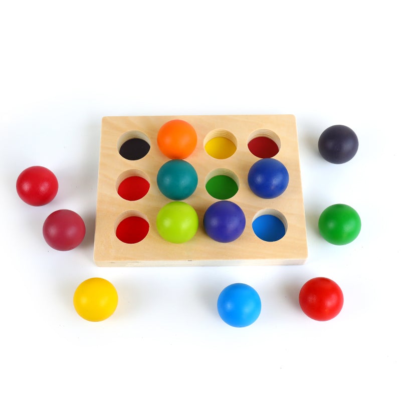 12 Pcs Rainbow Wooden Balls with Tray in Primary Colors Diameter 1.4 Inches - The Nurturing Nook
