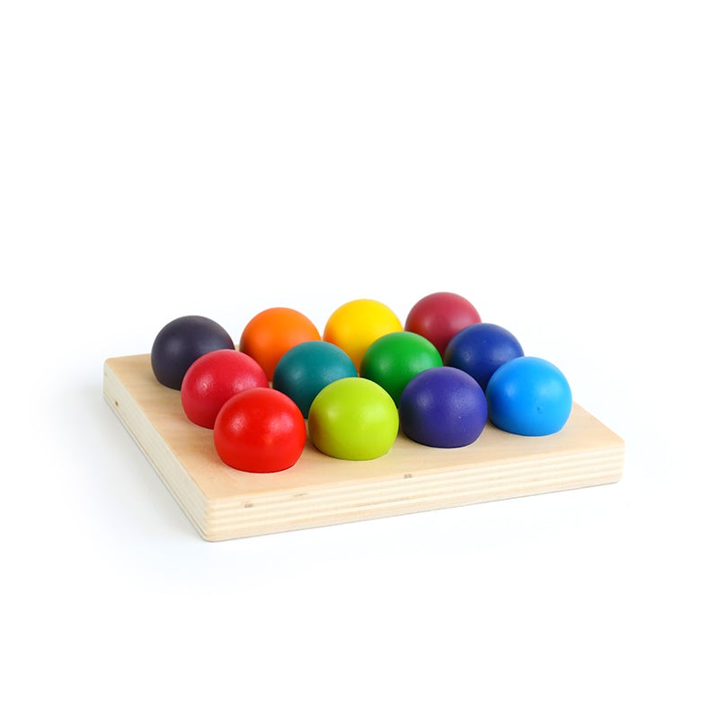 12 Pcs Rainbow Wooden Balls with Tray in Primary Colors Diameter 1.4 Inches - The Nurturing Nook