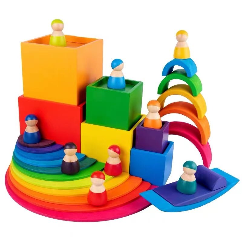12 Pcs Rainbow Wooden Peg Dolls in Primary Colors - The Nurturing Nook