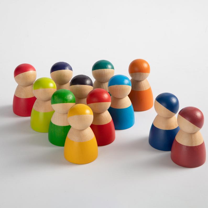 12 Pcs Rainbow Wooden Peg Dolls in Primary Colors - The Nurturing Nook
