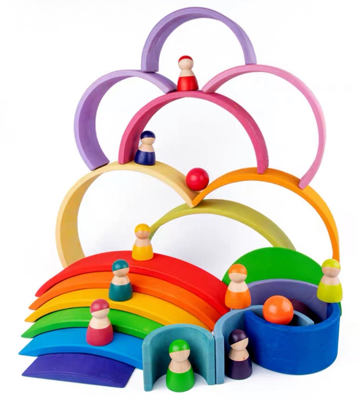12 Pcs Rainbow Wooden Peg Dolls in Primary Colors - The Nurturing Nook