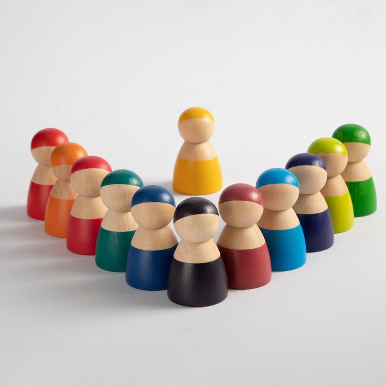 12 Pcs Rainbow Wooden Peg Dolls in Primary Colors - The Nurturing Nook