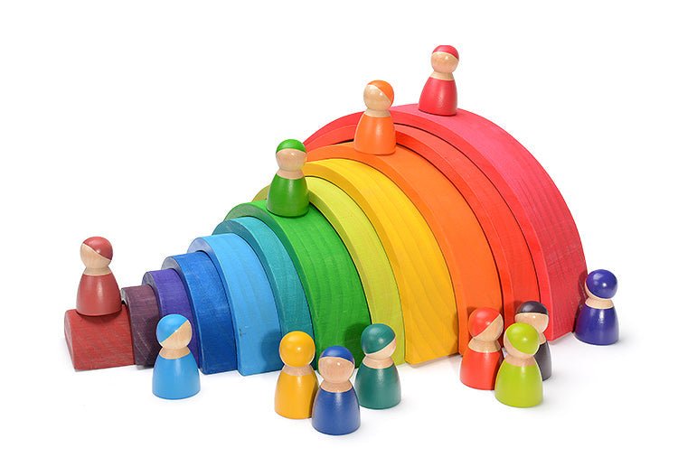 12 Pcs Rainbow Wooden Peg Dolls in Primary Colors - The Nurturing Nook