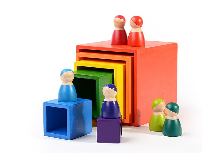 12 Pcs Rainbow Wooden Peg Dolls in Primary Colors - The Nurturing Nook