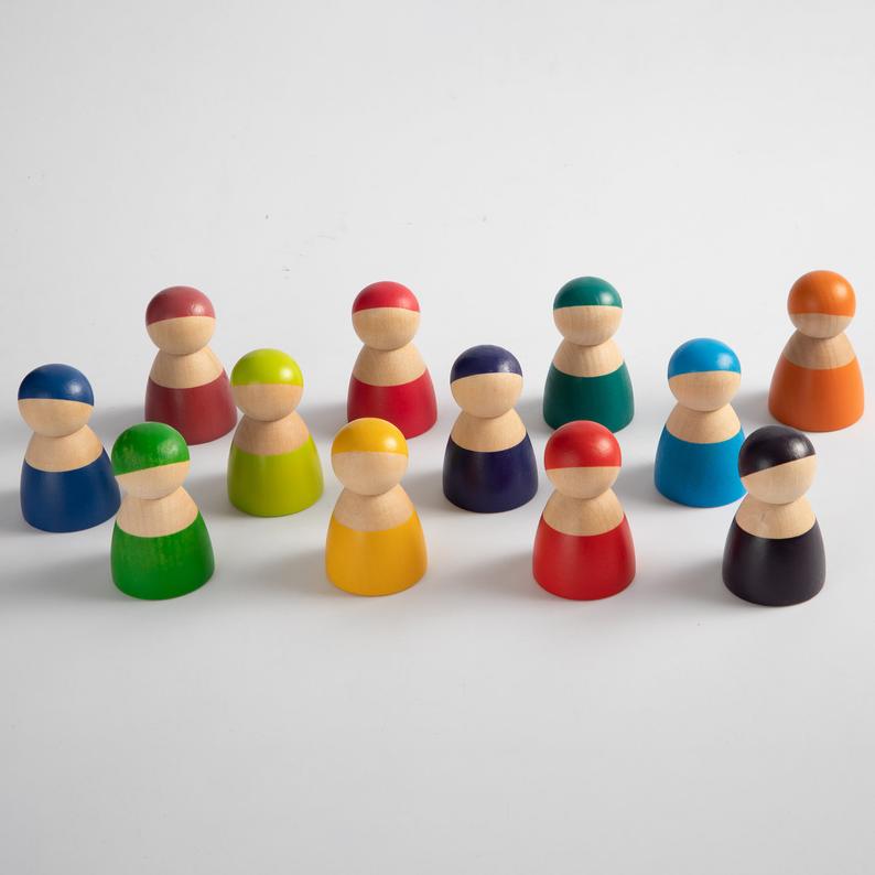 12 Pcs Rainbow Wooden Peg Dolls in Primary Colors - The Nurturing Nook