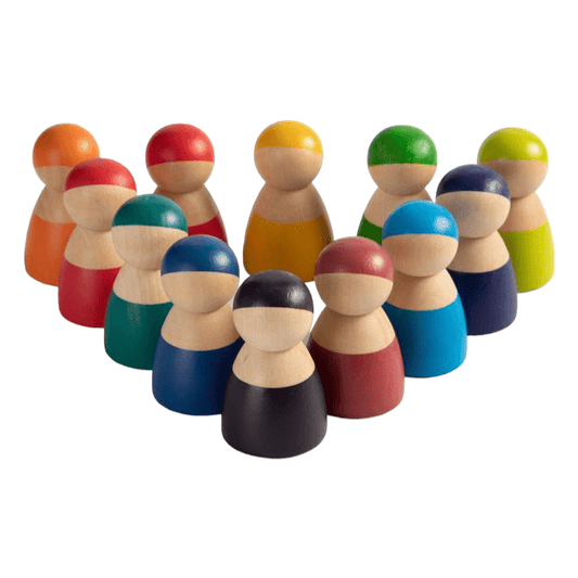 12 Pcs Rainbow Wooden Peg Dolls in Primary Colors - The Nurturing Nook