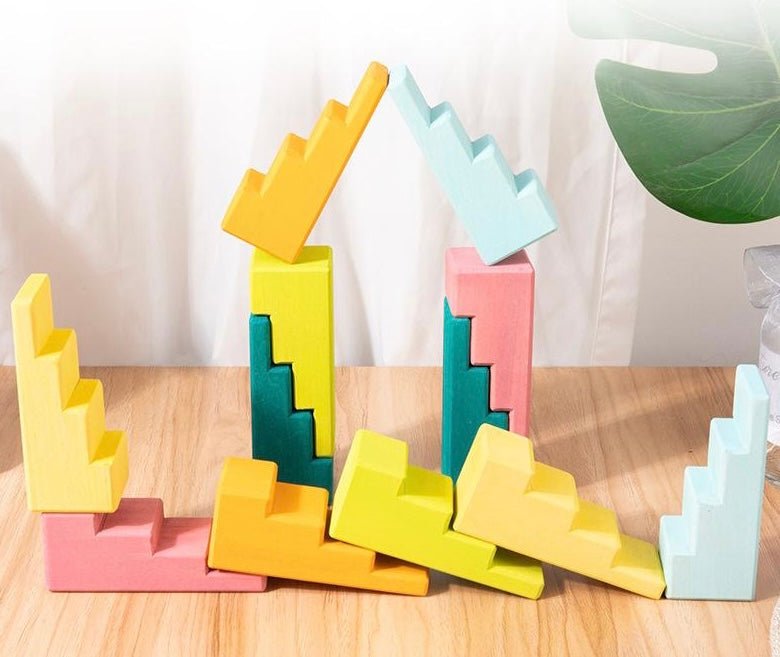 12 Pcs STAINED Stepped Roofs Building Blocks in Pastel/Macaron Colors - The Nurturing Nook