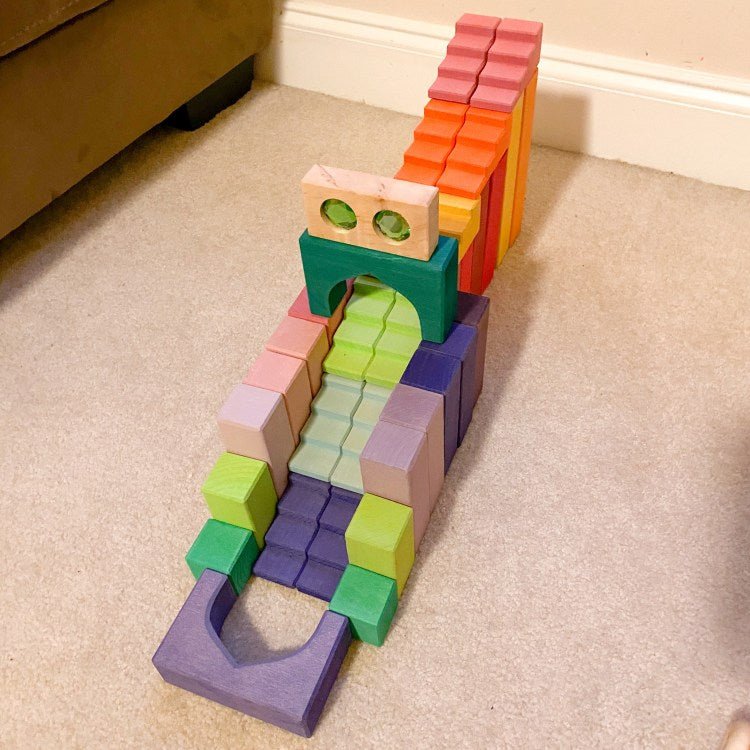 12 Pcs STAINED Stepped Roofs Building Blocks in Pastel/Macaron Colors - The Nurturing Nook