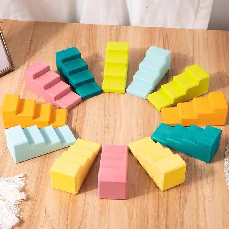 12 Pcs STAINED Stepped Roofs Building Blocks in Pastel/Macaron Colors - The Nurturing Nook
