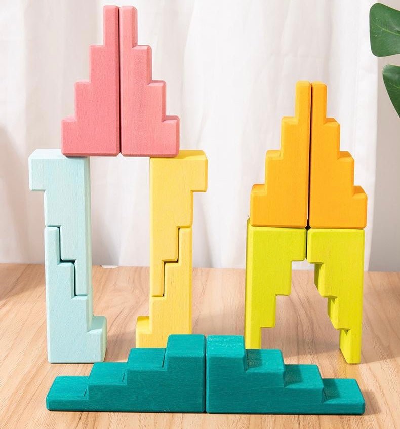 12 Pcs STAINED Stepped Roofs Building Blocks in Pastel/Macaron Colors - The Nurturing Nook