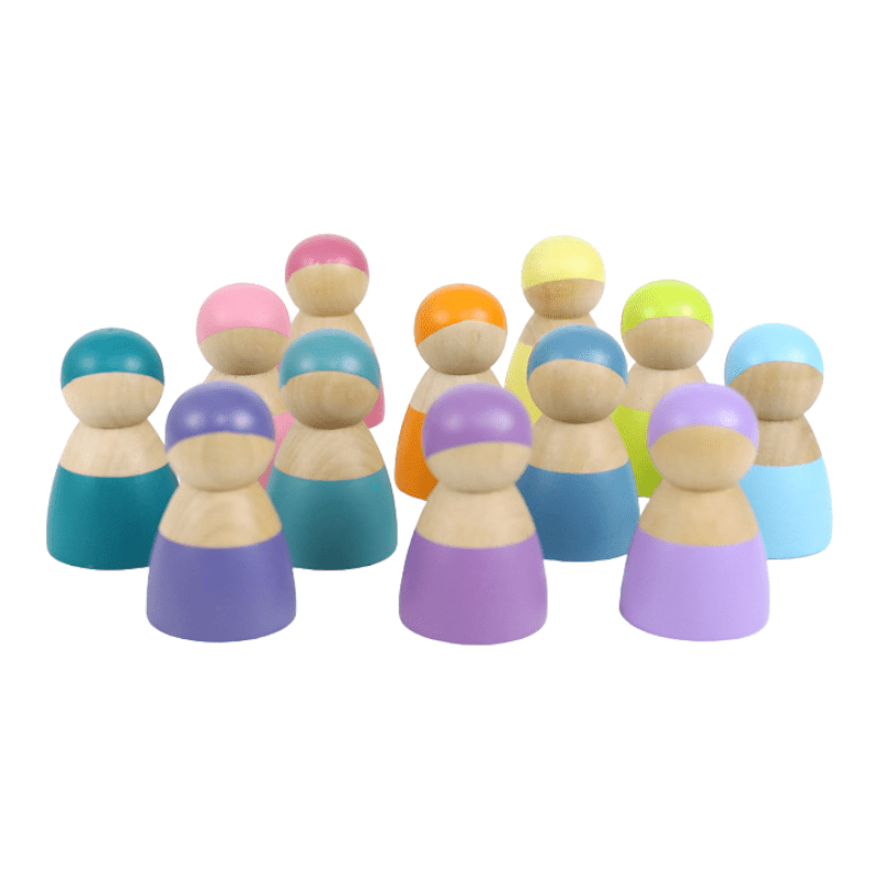 12 Pcs Wooden Peg Dolls in Pastel/Macaron Colors - The Nurturing Nook