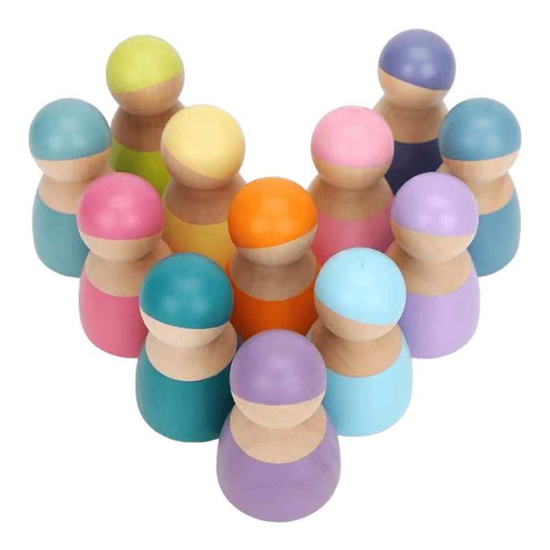 12 Pcs Wooden Peg Dolls in Pastel/Macaron Colors - The Nurturing Nook